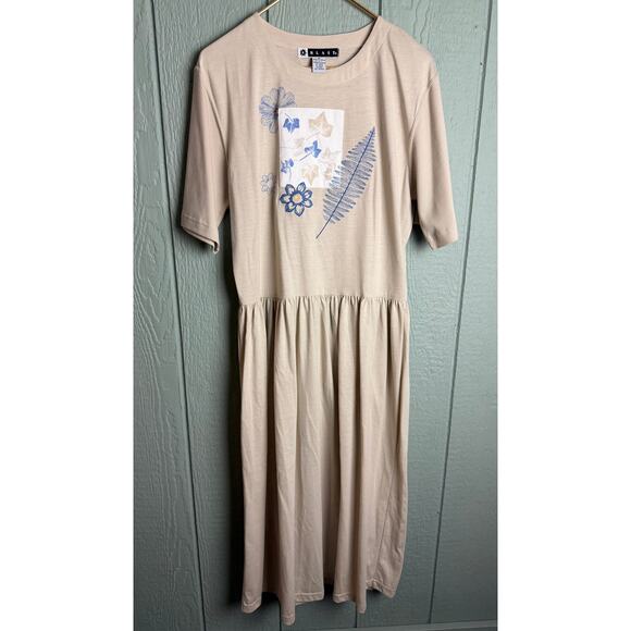 Vintage 90s Blast Floral Graphic Dress Beige Blue Botanical Print Medium - Picture 1 of 6